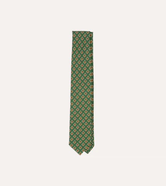 Drake's Tile Medallion Print Silk Self Tipped Tie / Green