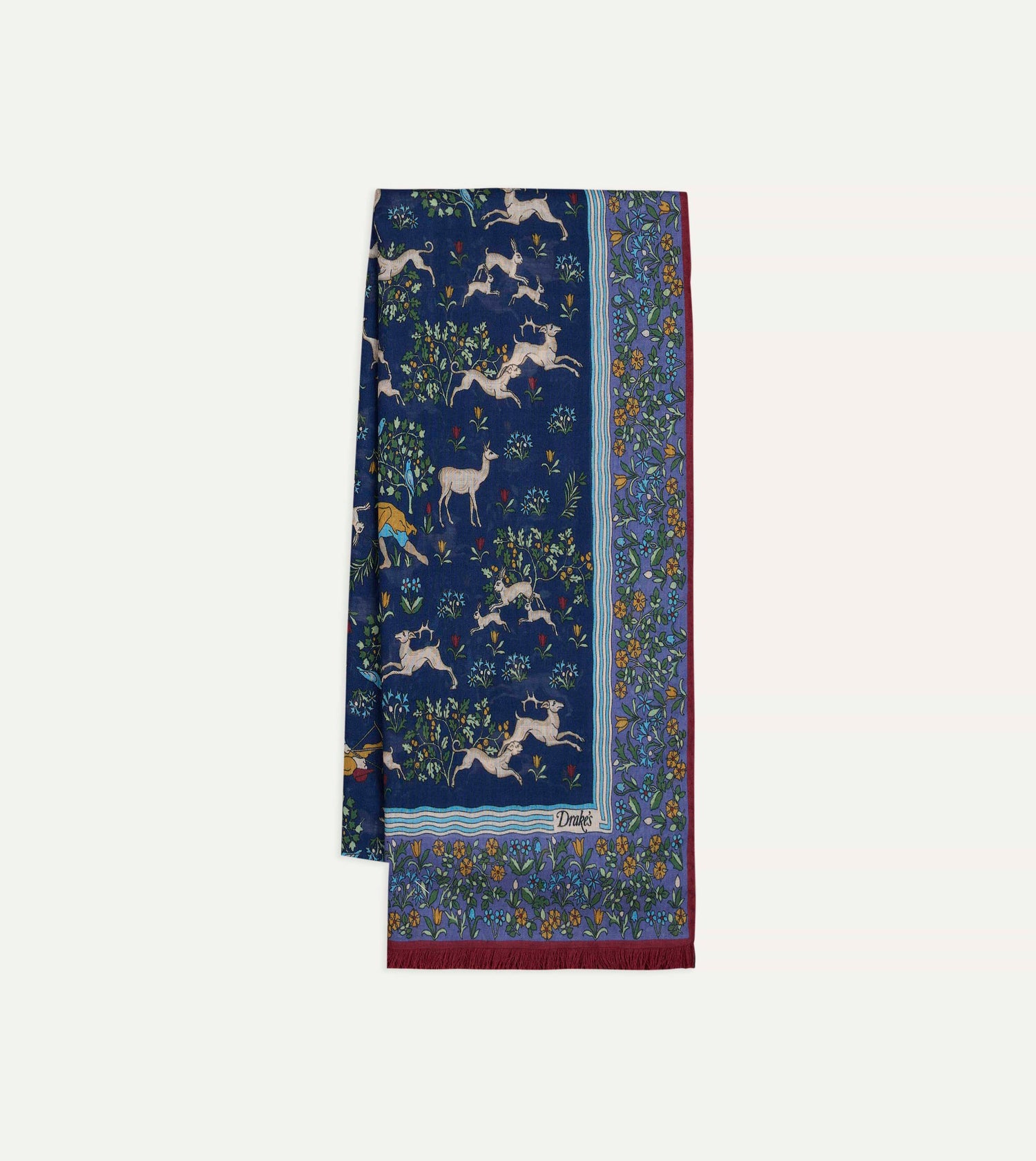 Drake's Archival Animals Wool-Silk Scarf / Navy & Blue