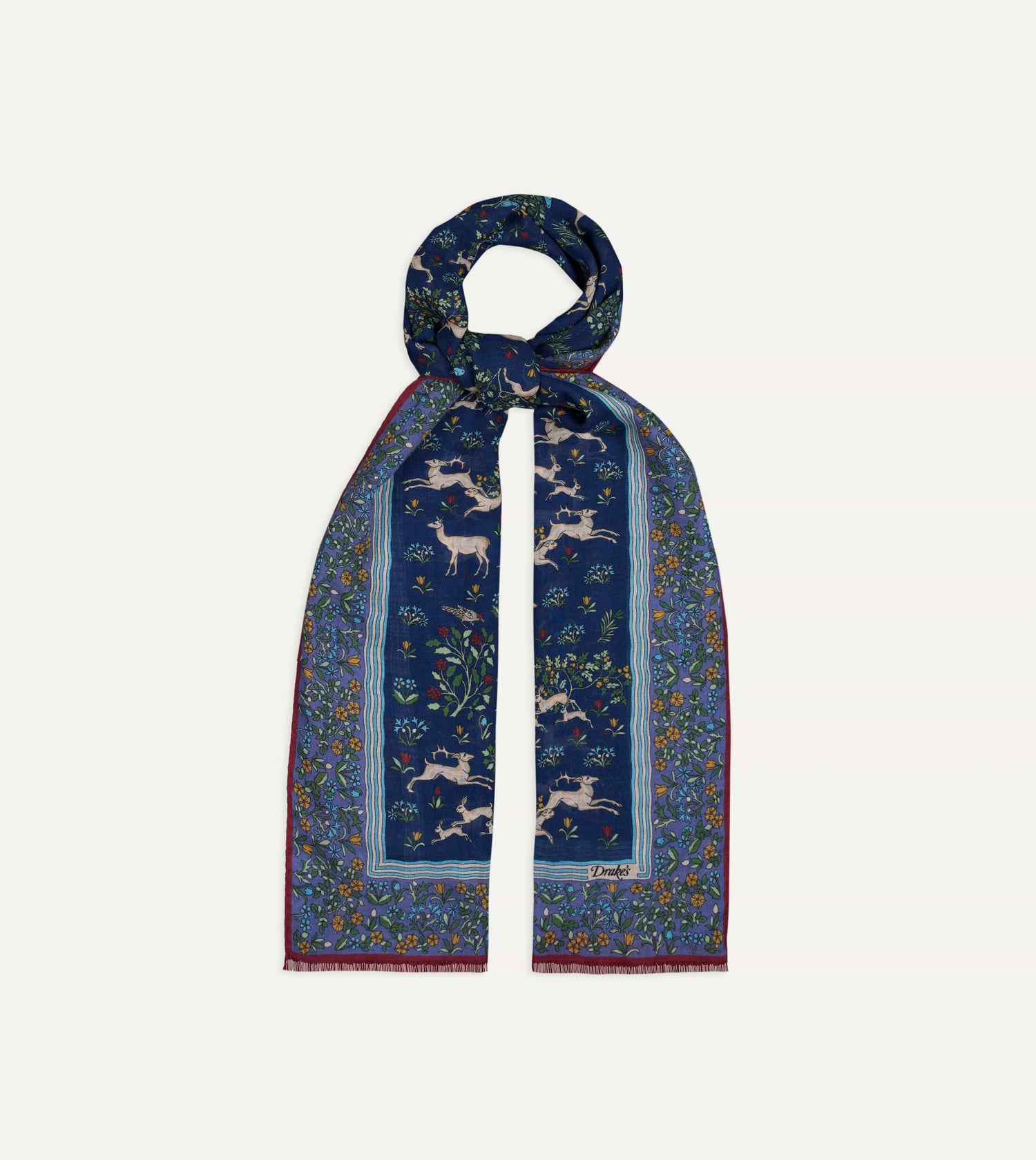 Drake's Archival Animals Wool-Silk Scarf / Navy & Blue