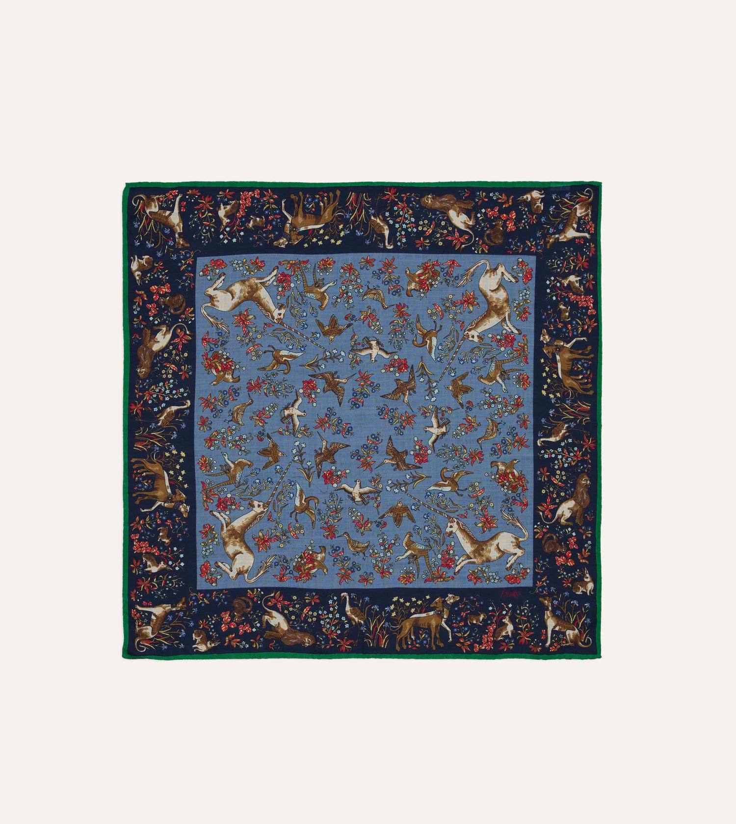 Drake's Unicorn Print Wool-Silk Bandana / Navy