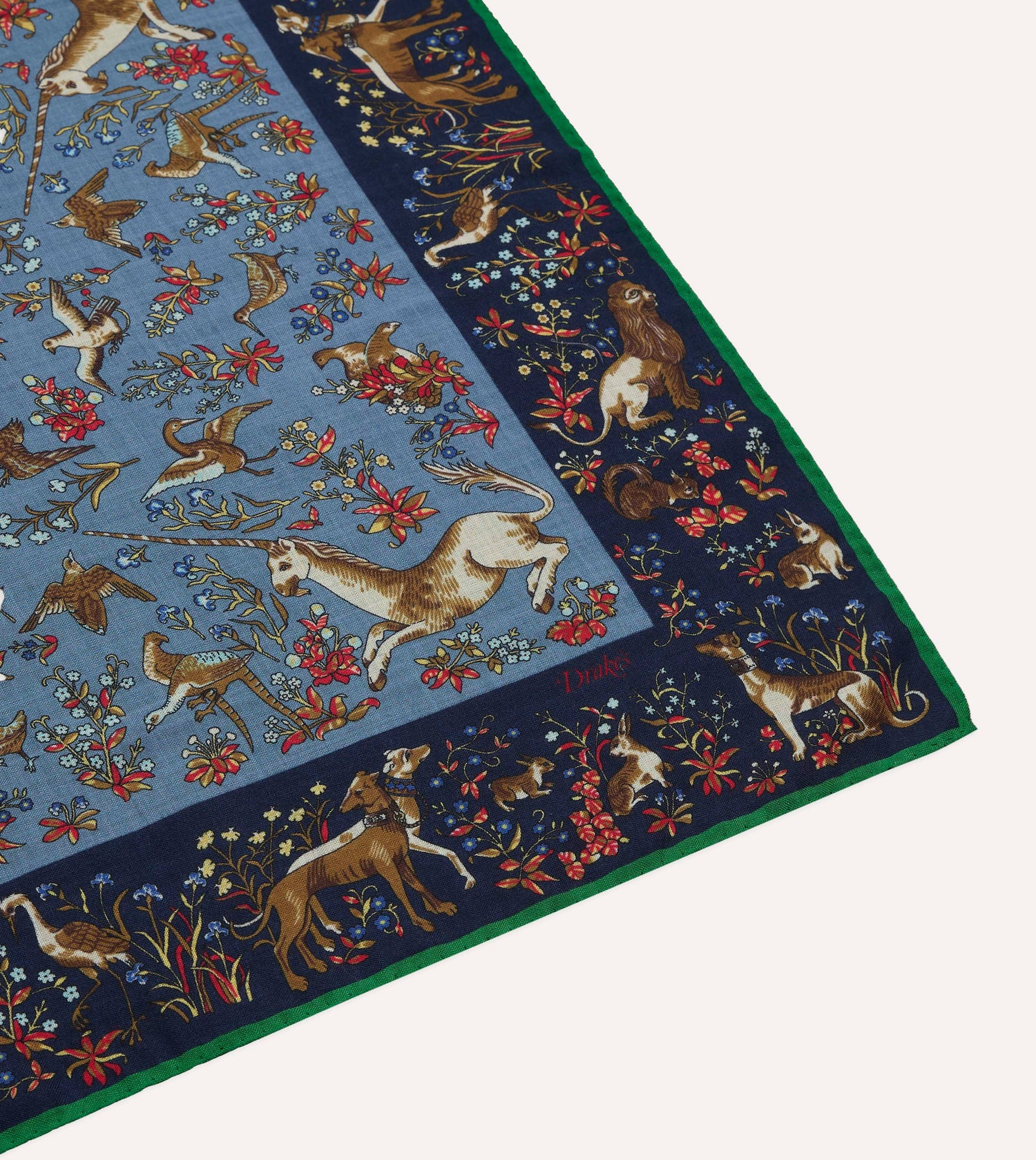 Drake's Unicorn Print Wool-Silk Bandana / Navy