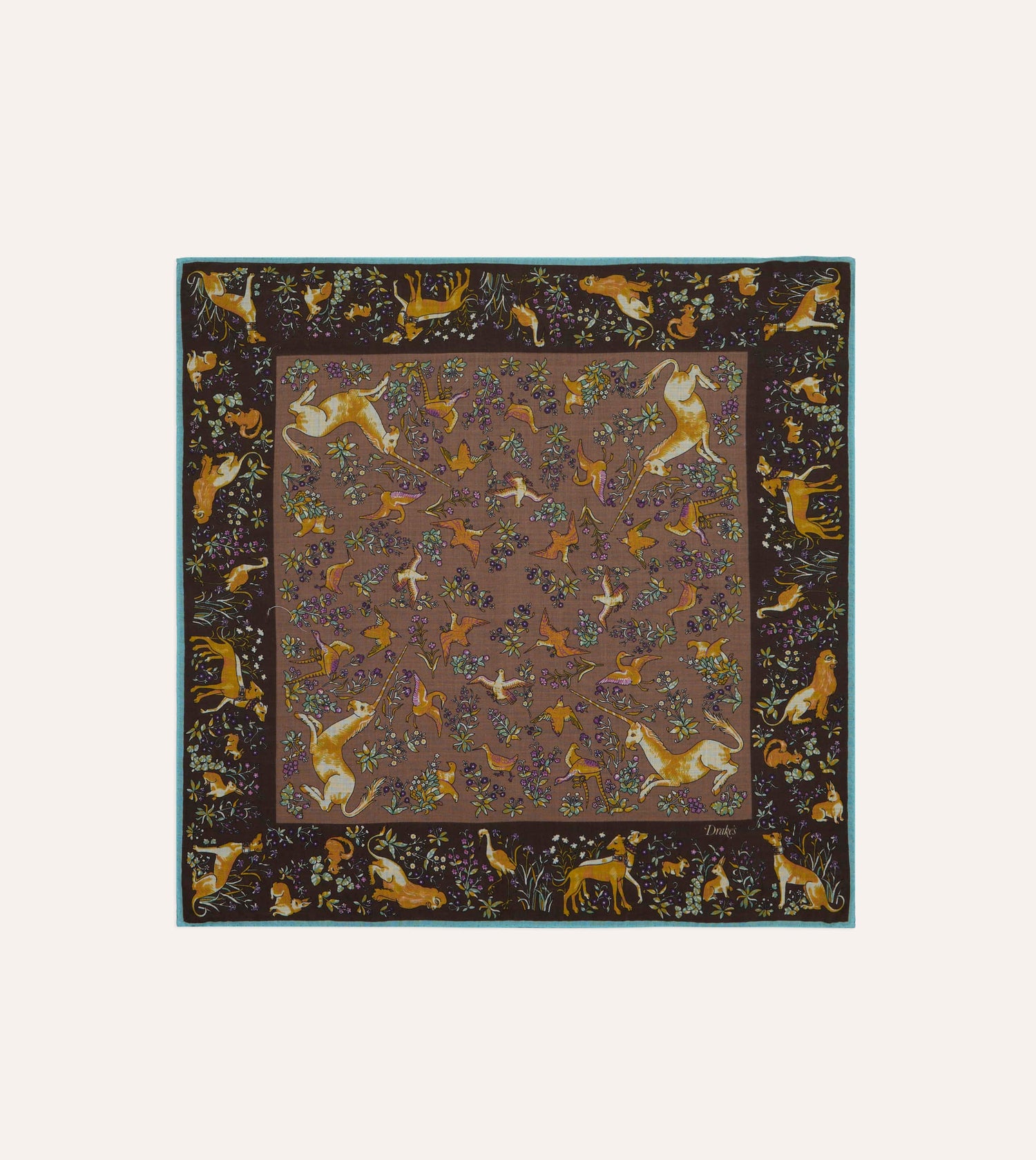Drake's Unicorn Print Wool-Silk Bandana / Brown
