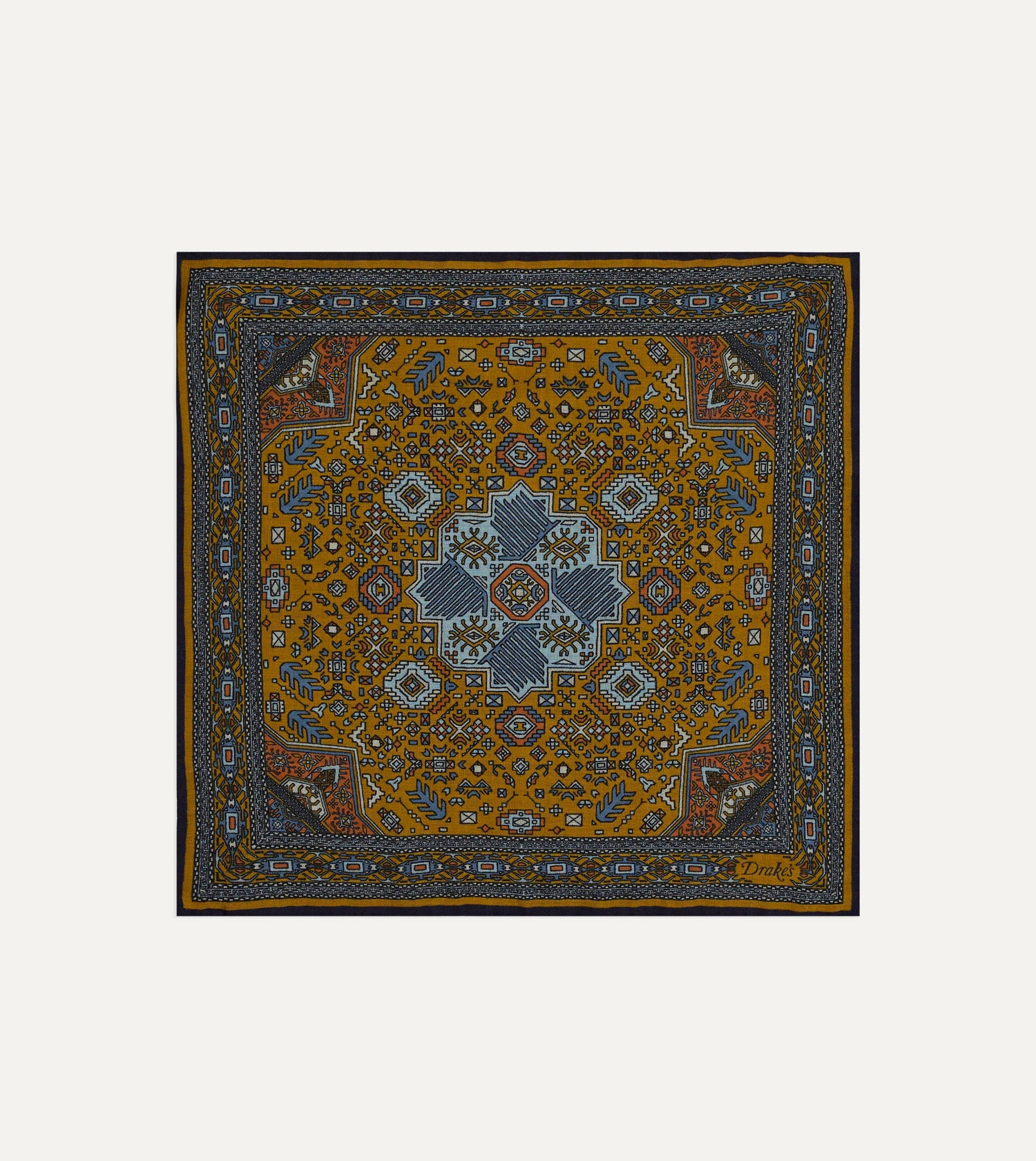 Drake's Kelim Print Wool-Silk Pocket Square / Mustard & Navy
