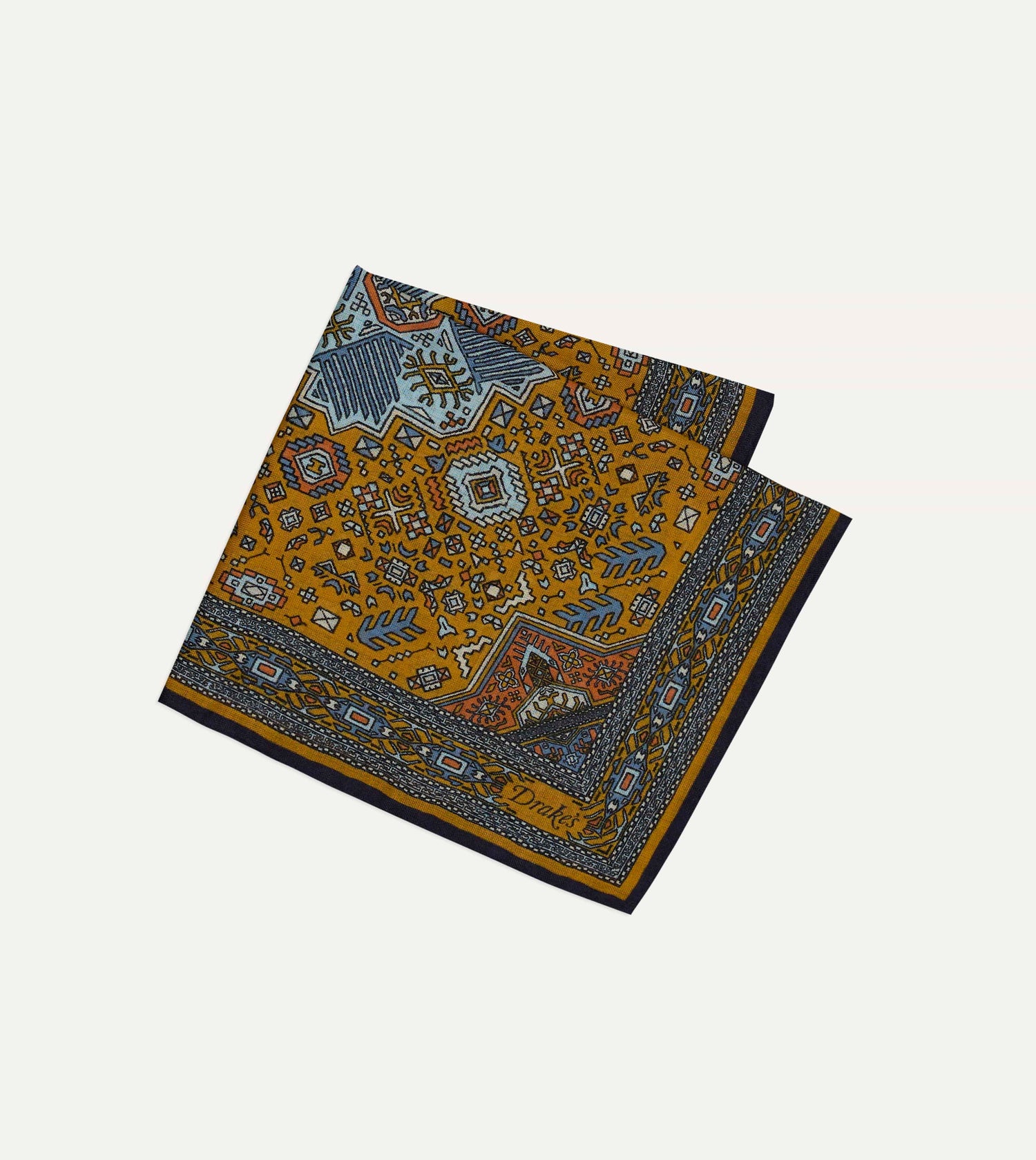 Drake's Kelim Print Wool-Silk Pocket Square / Mustard & Navy