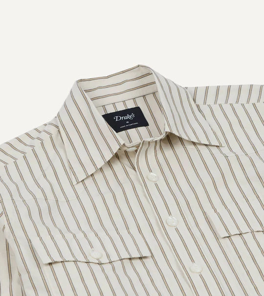 Drake's Stripe Cotton Two-Pocket Western Shirt / Ecru