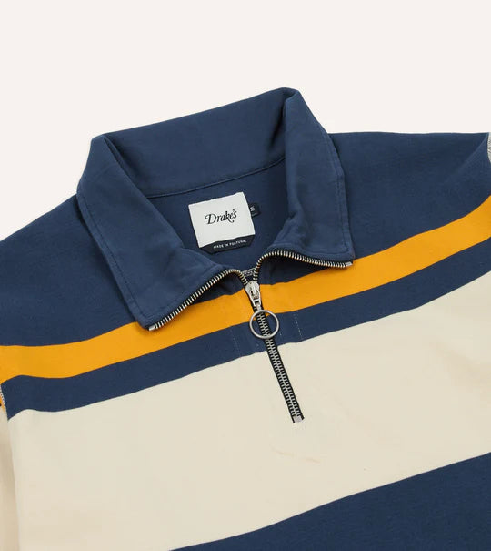 Drake's Stripe Cotton Quarter Zip Rugby Shirt / Navy & Yellow