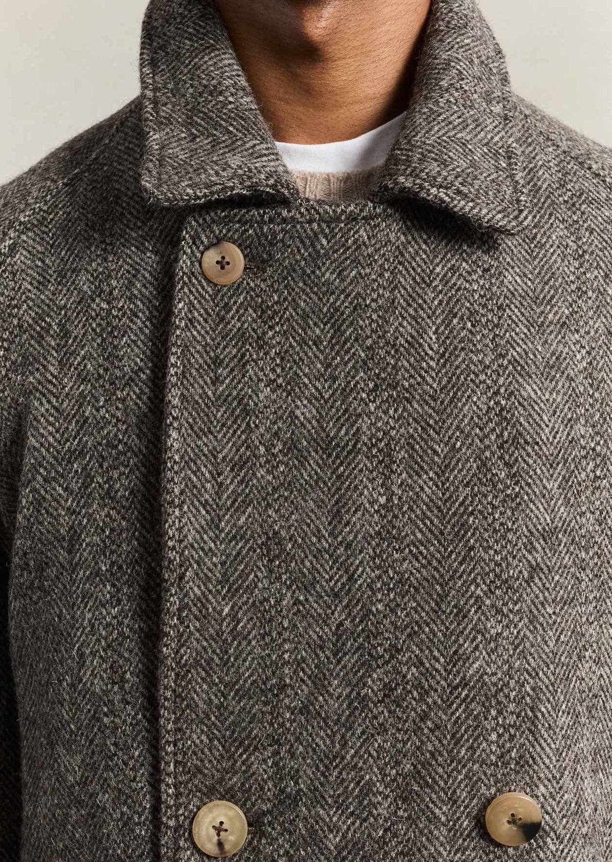 De Bonne Facture Grandad Coat Sonsie Tweed / Undyed Brown Herringbone
