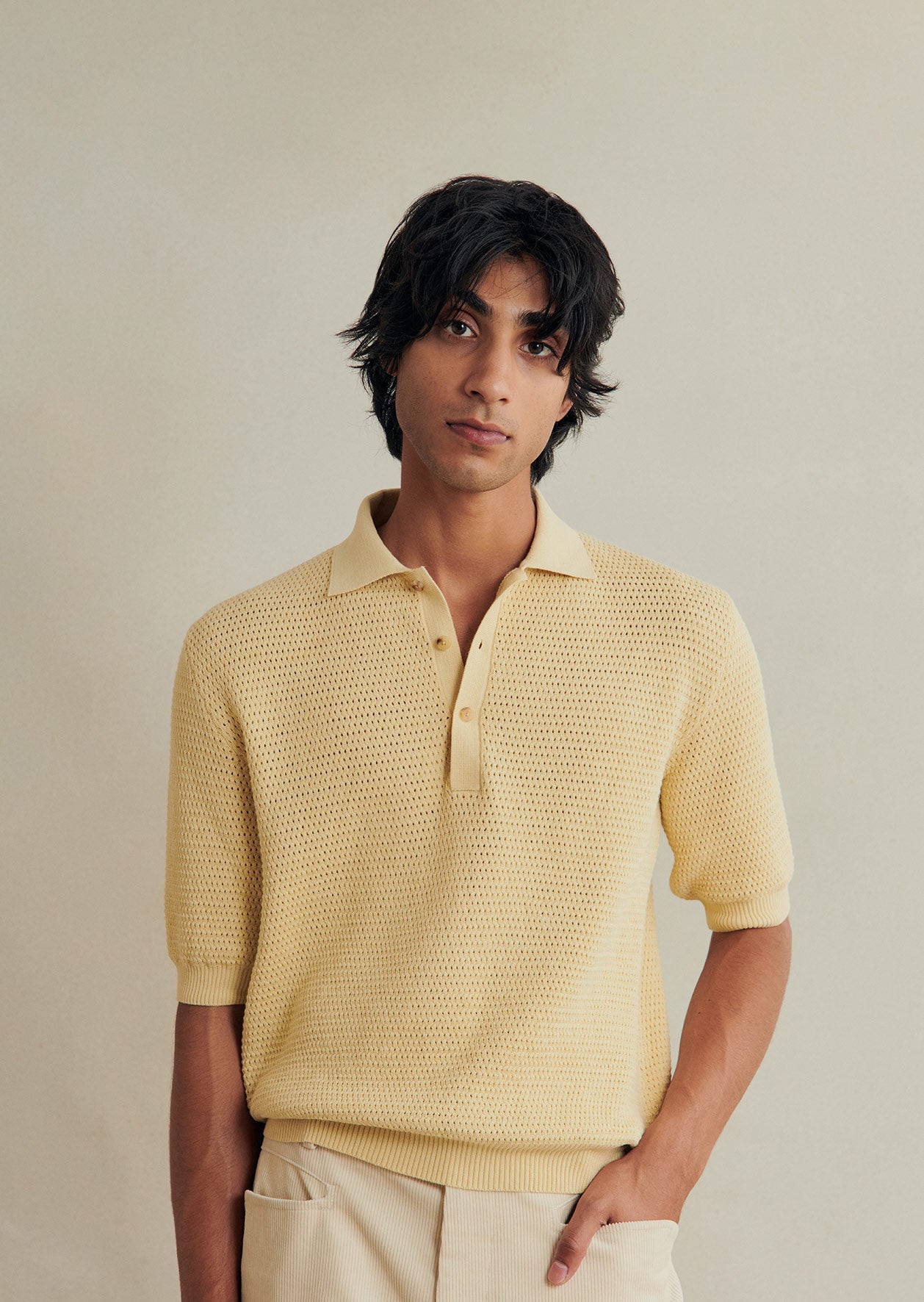 De Bonne Facture Honeycomb Knit Polo / Butter Yellow