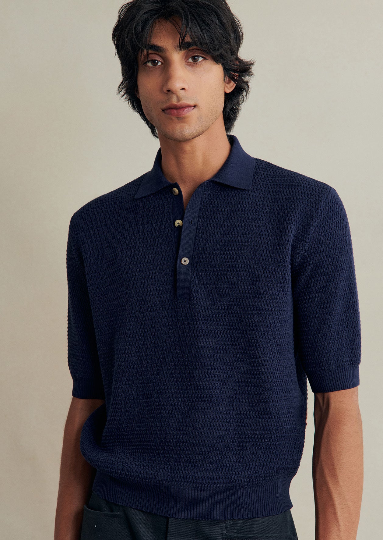 De Bonne Facture Honeycomb Knit Polo / Navy