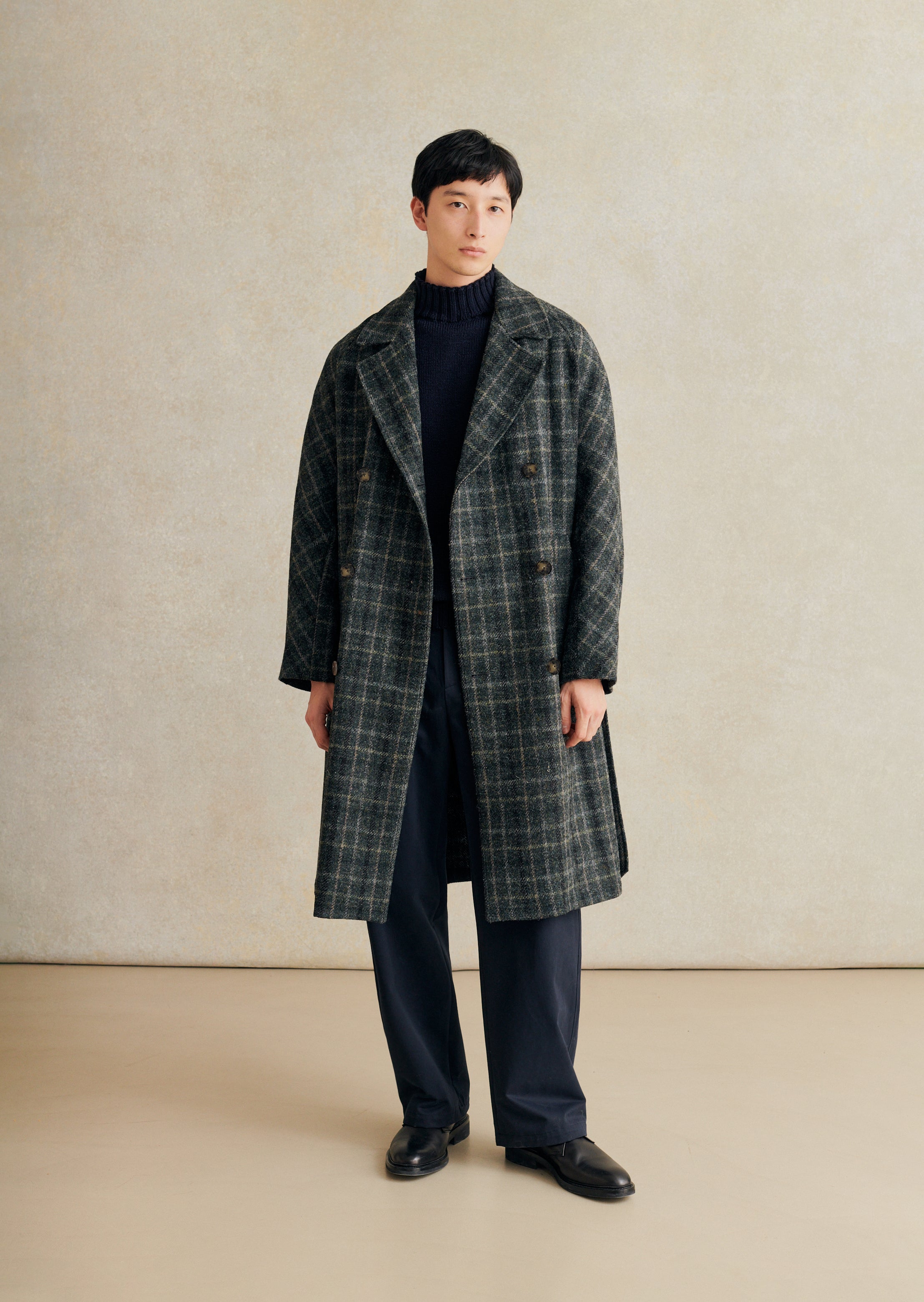 De Bonne Facture Grandad Coat Harris Tweed Wool / Grey Windowpane