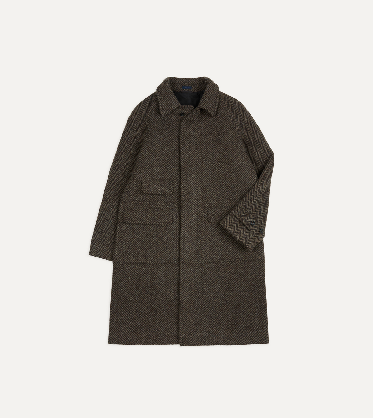 Drake's Raglan Herringbone Overcoat / Dark Brown