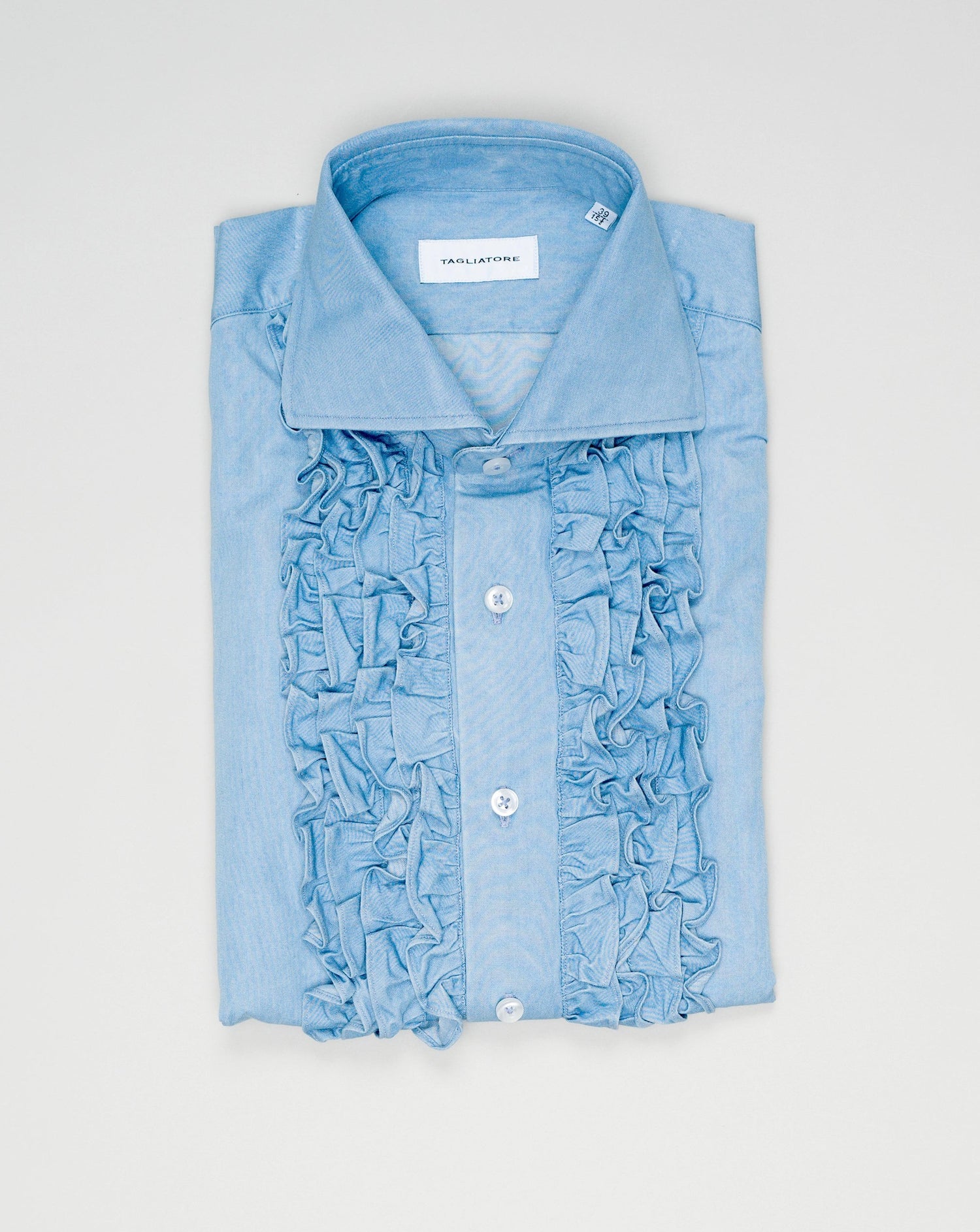 Composition: 100% Cotton. Modello: Chicago NS. Color: Light Blue ''Denim'' / I1368 Tagliatore Ruffle Shirt / Light Blue Denim