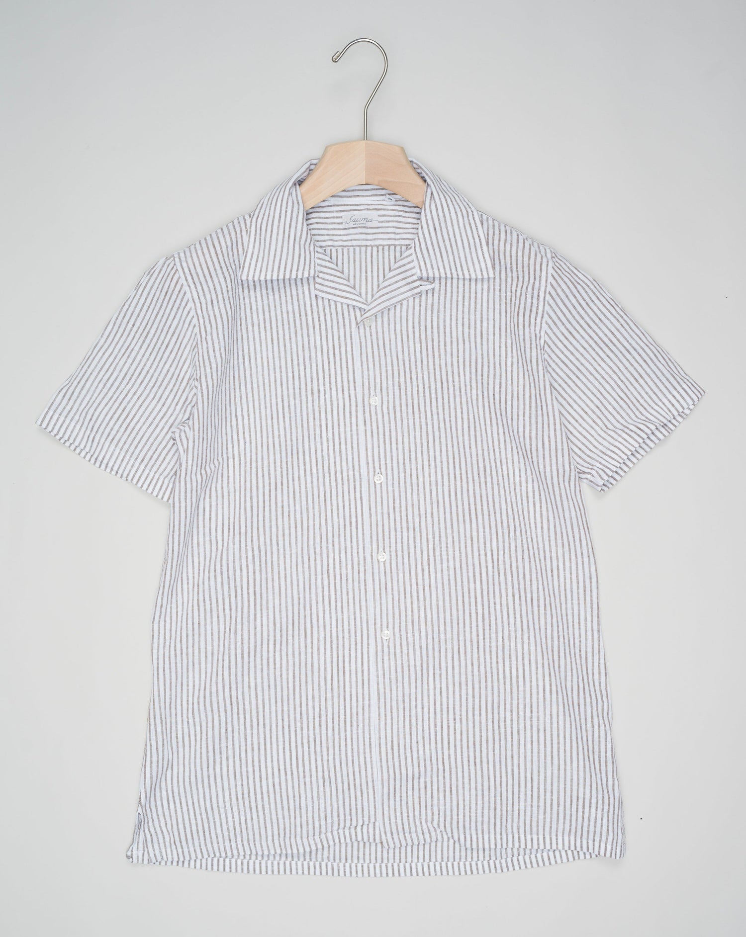 <ul> <li>Composition: 45% Cotton 55% Linen</li> <li>Article: 8831</li> <li>Color: Brown striped </li> <li>Made in Italy Sauma Striped Cuban Collar Shirt / Brown Striped</li> </ul>