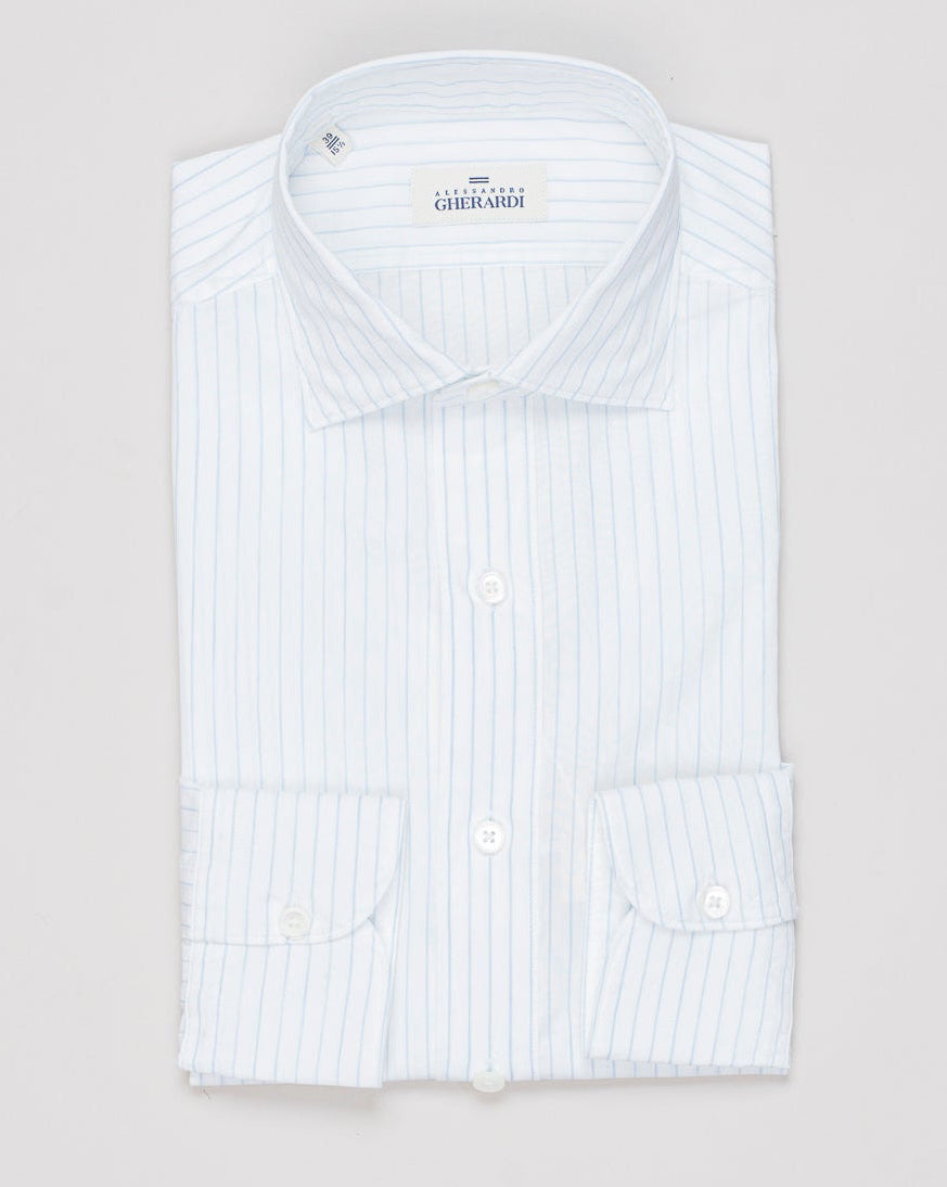 Composition: 100% Cotton
Mother of pearl buttons
Article: 7613 620
Model: Regentsoft
Color: Light Blue & White
Made in Italy Alessandro Gherardi Narrow Stripe Cotton Shirt / Light Blue & White