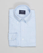 Light Blue Ticking Stripe Oxford shirt with button-down collar. Classic and very versatile shirt for casual dressed up days. You can wear it with a tie but it sure is at it's best without one.  A stable for every mans wardrobe. 
100% Cotton. Handcrafted in Somerset, UK.
Regular Fit
Button-down collar with soft feel
Box pleat
Single round one button cuff
Point pocket
Mother of Pearl buttons
100% cotton
Made in England
