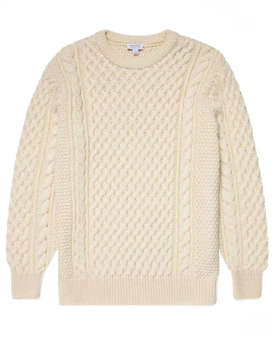 Sunspel Merino Wool Cable Jumper / Ecru