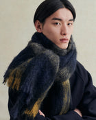 De Bonne Facture University Giant Mohair & Wool Scarf / Navy & Ochre Tartan