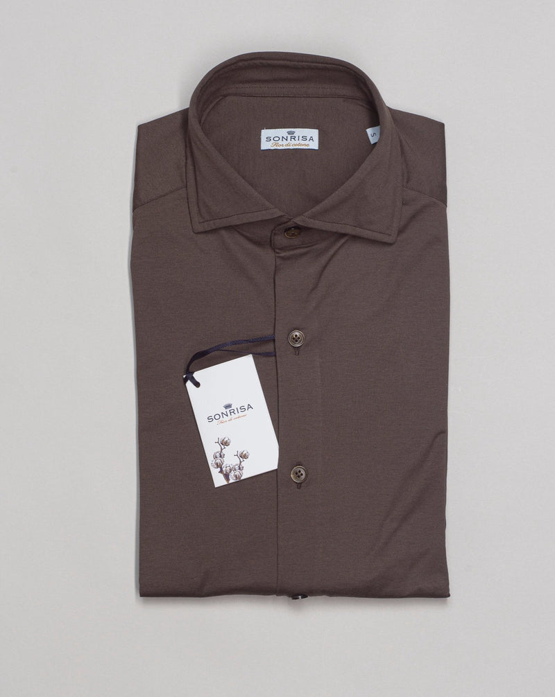 Sonrisa Fior di Cotone Jersey shirt Soft collar with removable collar bones  / Collar 438  Long sleeves 100% cotton jersey Art. J133 Col 02 Brown Made in Italy 