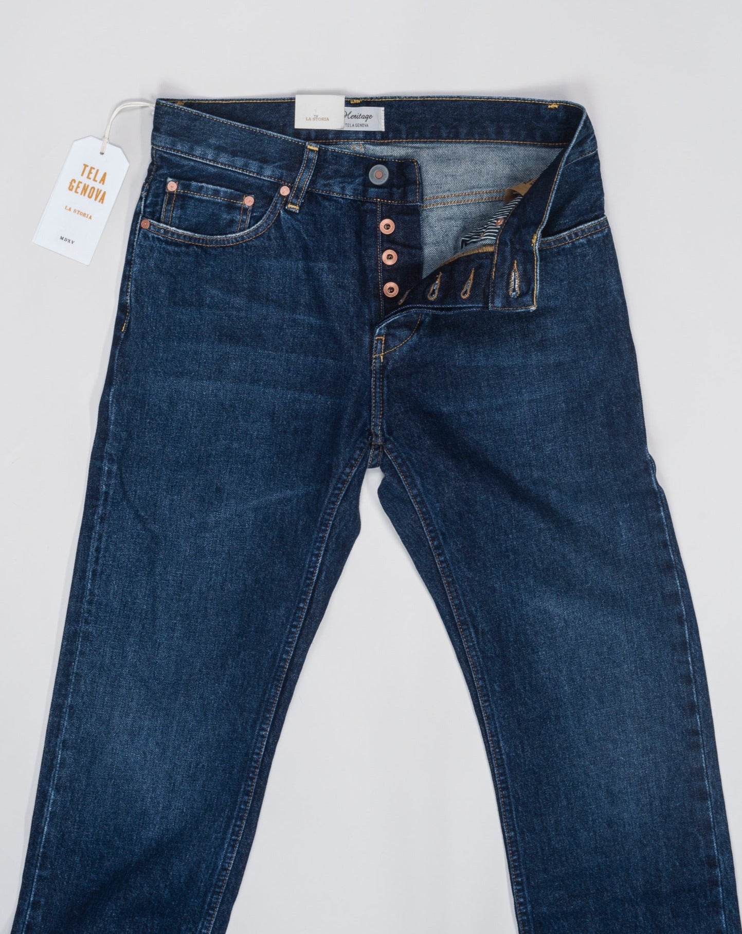 Composition: 100% Cotton 5-Pocket Color: BLUE Model: Davide, DAV05 - 6V - 1D023 Article: DAV05 1D023 Selvedge denim Made in Italy Tela Genova Selvedge Jeans / Washed Dark Blue