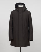 Montecore down insulated parka with technical external fabric. Waterproof, breathable, wind stoping. Model: F05MUCX512 Color: 31 / Dark Brown Fabric: 42% pl 36% pa 13% ea 9%pu Lining 100% pa (nylon) 4 zippered pockets in front 4 zippered inside pockets Adjustable hood Zip and snap fasteners closure in front