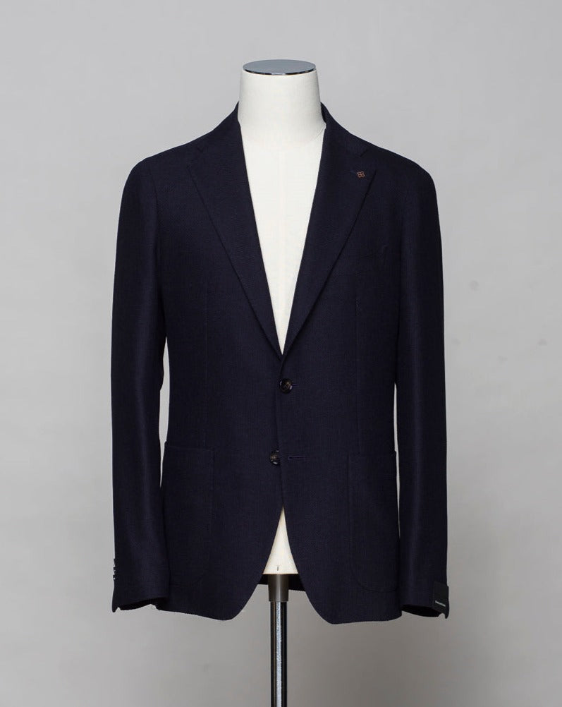 Tagliatore Sauma 20th Anniversary Navy Hopsack Jersey Jacket - Natural stretch hopsack jersey jacket made in Martina Franca, Italy. Composition: 72% Silk 28% Virgin wool. Unconstructed, unlined, 2 buttons, notch lapel, patch pockets, side vents.