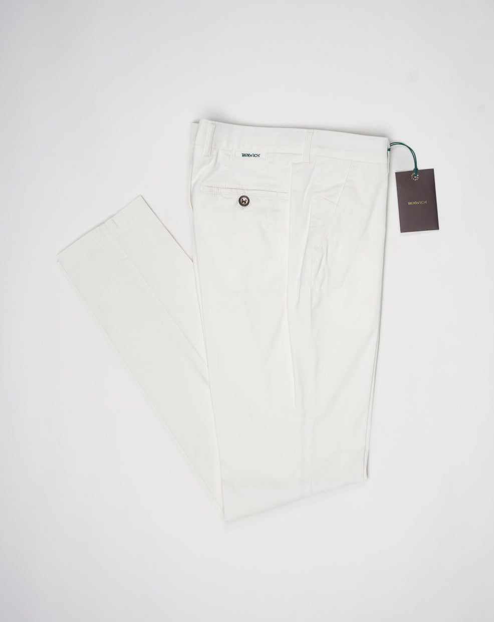<div> <div>Berwich Morello with a little silk added to the fabric for a soft and luxurious touch.</div> <div>Great summer chinos. </div> </div> <ul> <li>Composition: 88% Cotton 10% Silk 2% Elastan</li> <li>Model: Morello-GD (Garment dyed)</li> <li>Article: tf0599x</li> <li>Color: Panna</li> <li>Made in Martina Franca, Italy</li> </ul>