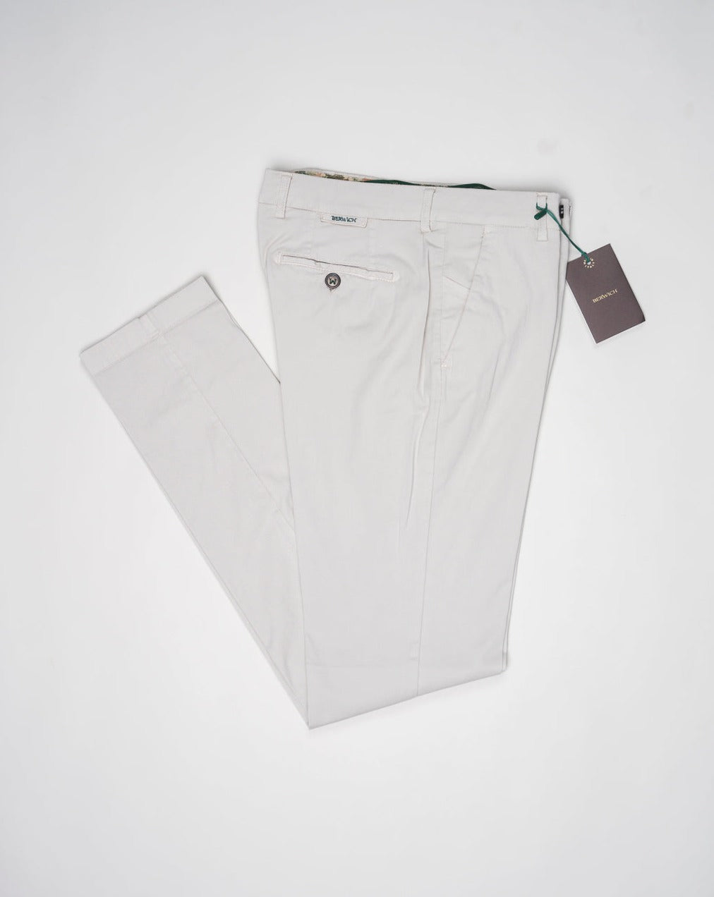 <div> <div>Berwich Morello with a little silk added to the fabric for a soft and luxurious touch.</div> <div>Great summer chinos. </div> </div> <ul> <li>Composition: 88% Cotton 10% Silk 2% Elastan</li> <li>Model: Morello-GD (Garment dyed)</li> <li>Article: tf0599x</li> <li>Color: Pomice</li> <li>Made in Martina Franca, Italy</li> </ul>