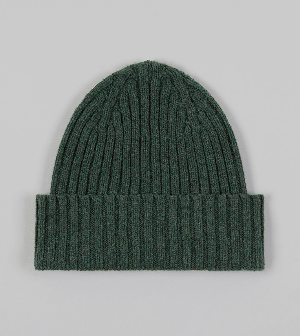 Drake's Lambswool Ribbed Knit Beanie / Green