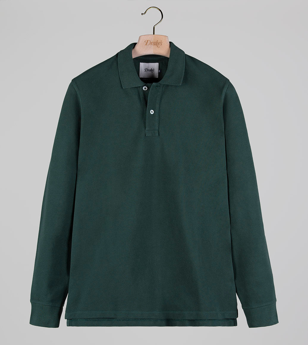 Drake's Pique Cotton LS Polo Shirt / Forest Green