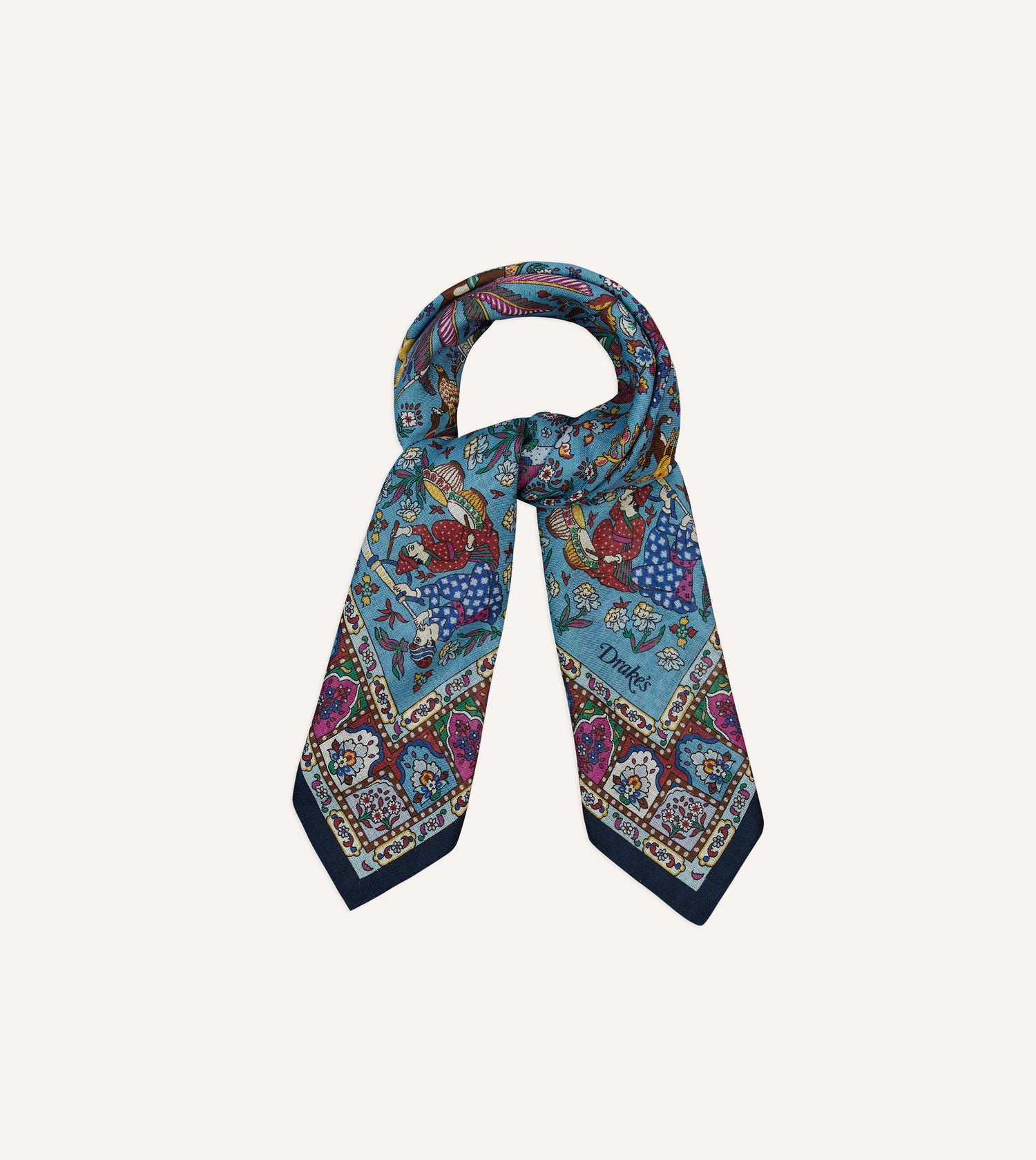 Drake's Floral Moghul Wool & Silk Bandana / Navy, Blue & Magenta