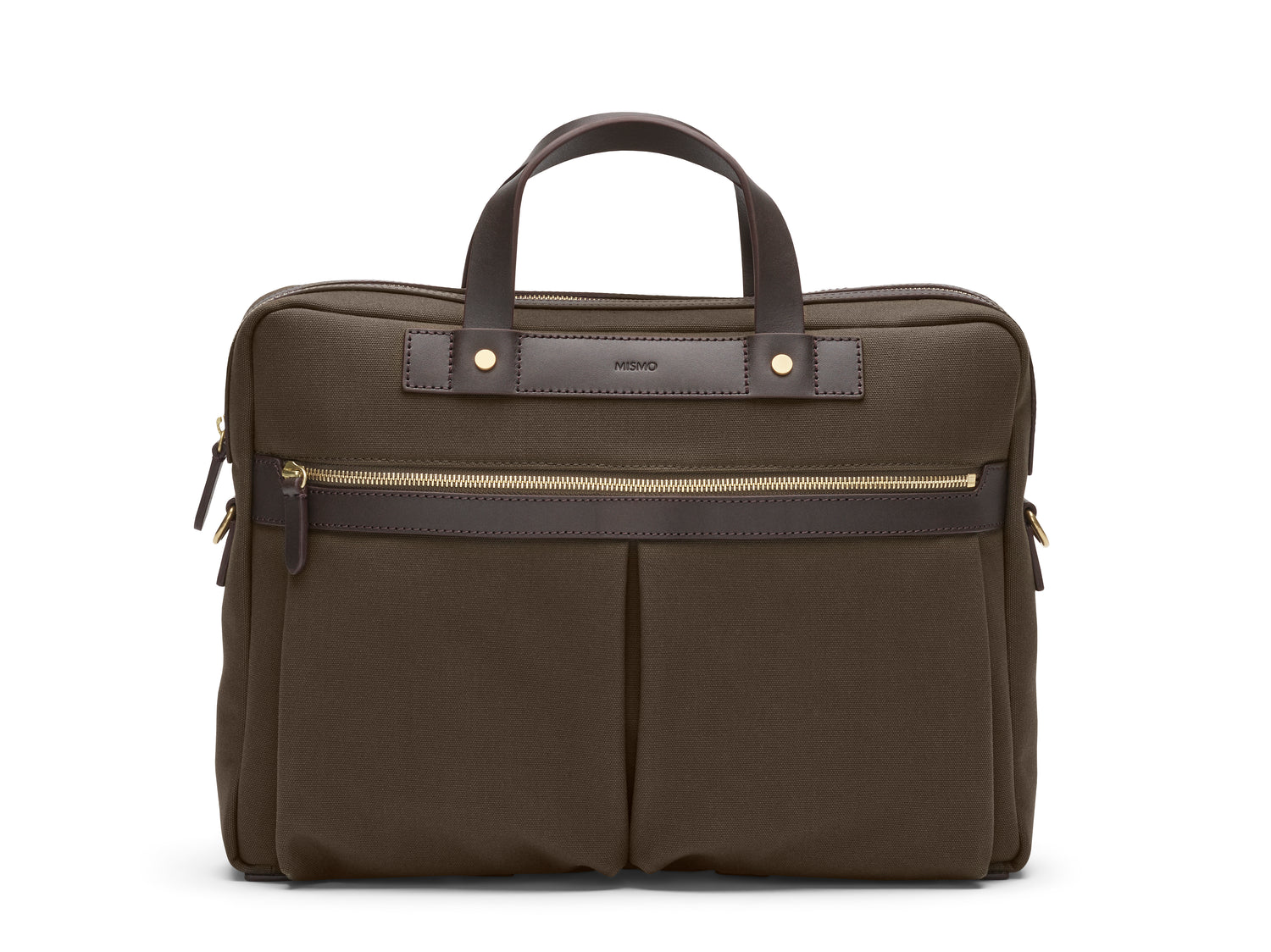 Measurements: L: 39 H: 29 W: 8cm Body: Tight-woven cotton canvas Fabric composition: CO 94% PU 4% PC 2% - 709 gr/rm Trimmings: Dark brown custom developed vegetable tanned full-grain bridle leather Lining: 100% cotton in army colour Hardware: Solid brass with varnish protection Zipper: Hand polished YKK Excella Art. No. MS461315 A softer and more casual counterpart to the M/S Briefcase, the M/S Office is designed with dual front pockets that zip open into one large compartment.