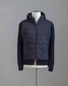 Gran Sasso Rain Wool zippered hoodie with nylon front. Rain wool water-repellent treatment makes this garments water repellent.   Fibres of the garment has been treated with TEFLON™ fabric protector applied by Zegna Baruffa Lane Borgosesia Full Zip closure Removable hood Ribbed hem and cuffs Article: 23177/24613 Colore: 598 / Dark Blue Made in Italy