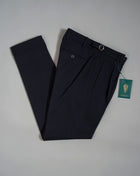 Berwich model Retrolong pants with 1 pleat in front and side adjusters. Very up-to-date and comfortable model; nicely roomy upper part and slim in the bottom. Color: Navy Model: Retrolong Article: sb1201 70% Wool 30% Cotton. Natural stretch. Made in Martina Franca, Italy