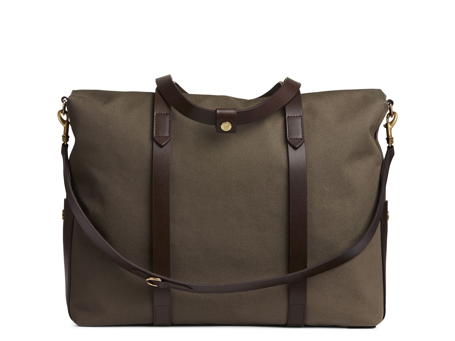 Measurements: L: 46 H: 34 W:18 cm Body: Tight-woven cotton canvas Fabric composition: CO 94% PU 4% PC 2% - 709 gr/rm Trimmings: Dark brown vegetable tanned full-grain bridle leather Lining: 100% cotton in Army colour Hardware: Solid brass with varnish protection Zipper: Hand Polished YKK Excella Art. No. MS110110 travel bag, or bend flaps down for a large, open city tote bag. A full-grain leather pocket on each gusset adds extra durability to the bottom corners