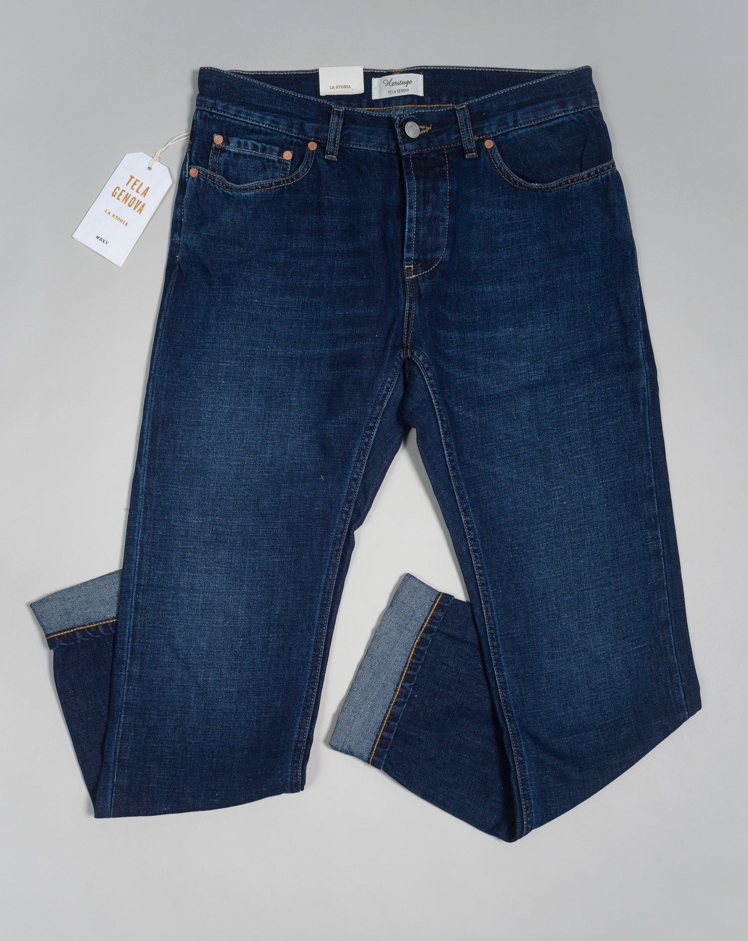 Composition: 67% Cotton 33% Linen 5-Pocket Model: Davide Article: XM-15482 Selvedge denim Made in Italy Tela Genova Cotton & Linen Selvedge Jeans / Rinsed Blue
