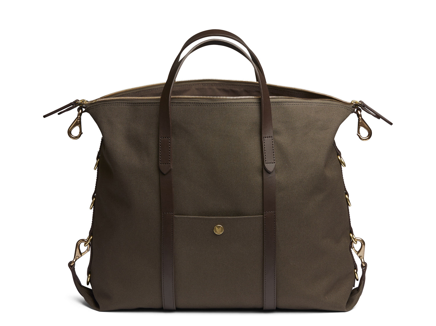 Measurements: L: 42(52) H: 31(41) W: 12(4) cm Body: Tight-woven cotton canvas Fabric composition: CO 94% PU 4% PC 2% - 709 gr/rm Trimmings: Dark brown custom developed vegetable tanned full-grain bridle leather Lining: 100% cotton in army colour Hardware: Solid brass with varnish protection Zipper: Hand polished YKK Excella Art. No. MS120110 A flexible duffle/work bag that can be adjusted in size by attaching the snap hooks in each corner of the bag to the brass D-rings on the gusset