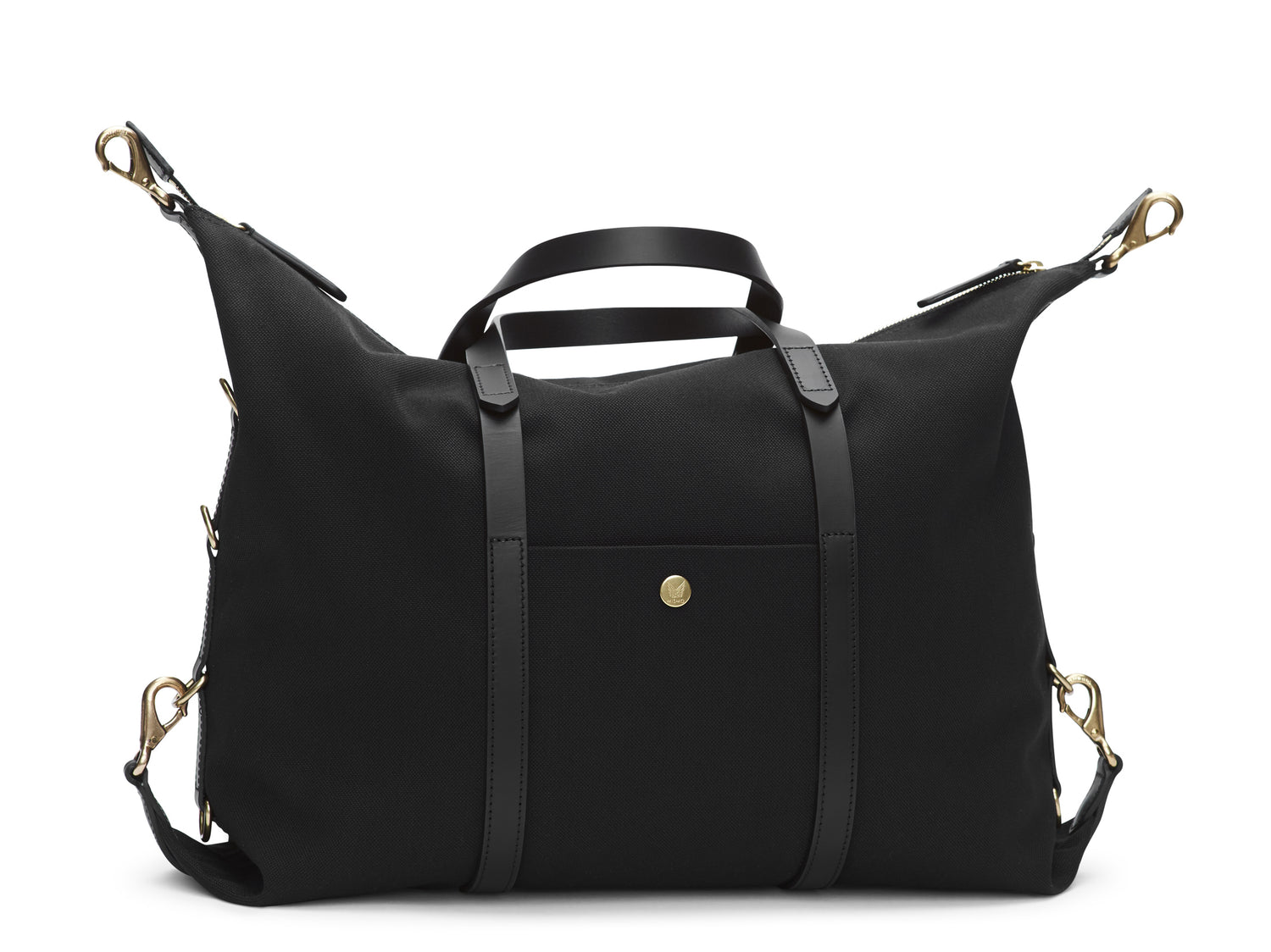 Measurements: L: 42(52) H: 31(41) W: 12(4) cm Body: Waterproof hard woven Italian nylon Fabric composition: PA 42% CO 38% PU 20% / 826g /m Trimmings: Dark brown custom developed vegetable tanned full-grain bridle leather Lining: 100% cotton in army colour Hardware: Solid brass with varnish protection Zipper: Hand polished YKK Excella Art. No. MS121312 A flexible duffle/work bag that can be adjusted in size by attaching the snap hooks in each corner of the bag to the brass D-rings on the gusset.