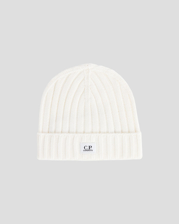 C.P. Company Extra Fine Merino Wool Logo Beanie / Gauze White