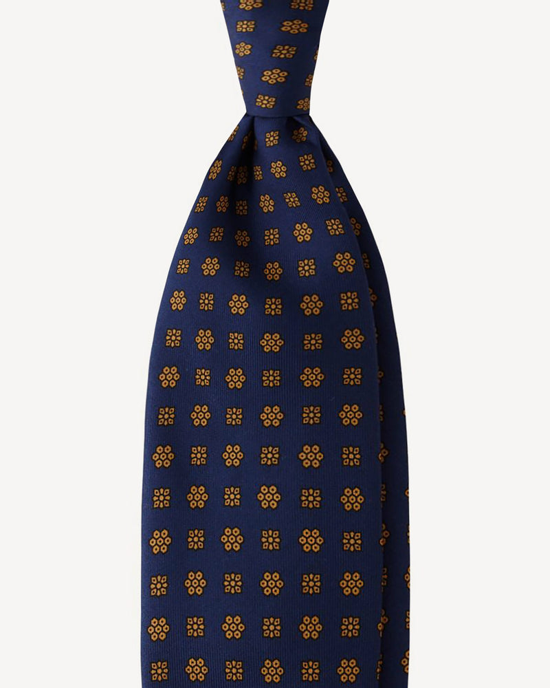 Viola Milano Artisan Floral Selftipped Silk Tie / Navy & Brown