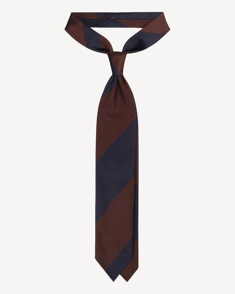 Viola Milano Block Stripe Handrolled Woven Silk Jacquard Tie – Navy/Brown