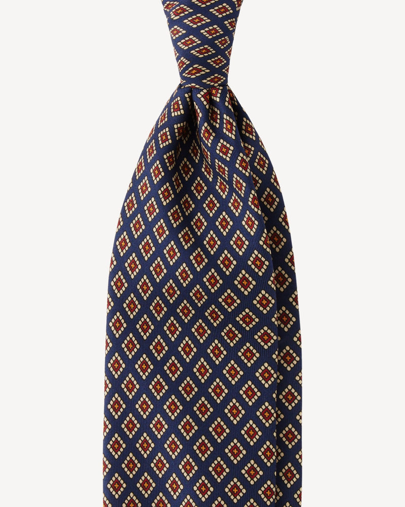 Viola Milano Diamond Pattern 3-Fold Handprinted Selftipped Silk Tie / Navy