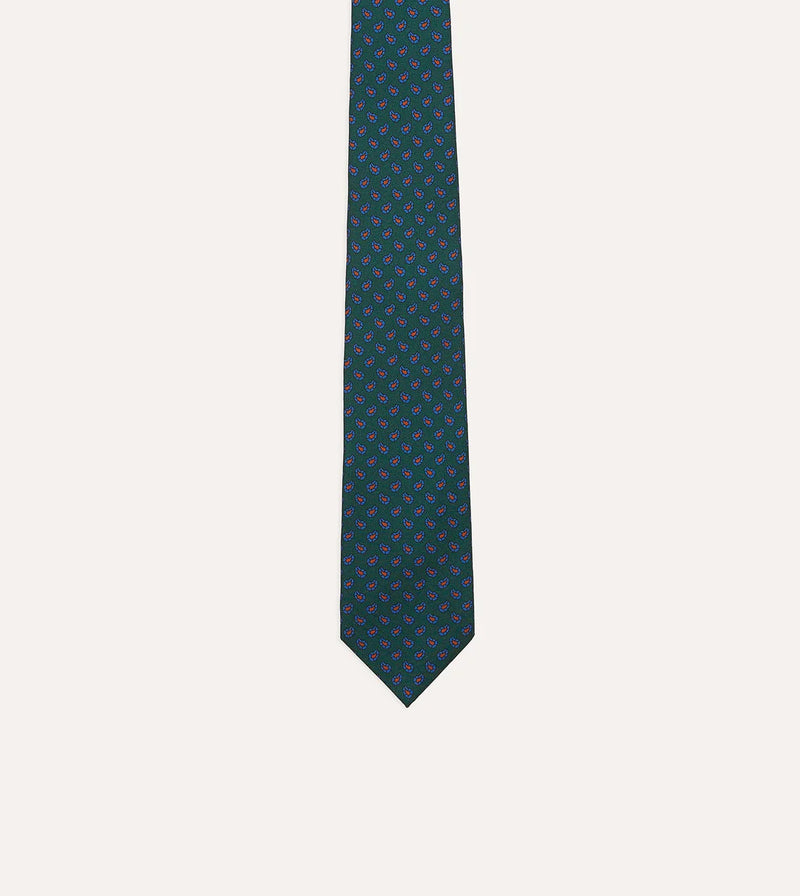 Drake's Twill M. Mini Paisley Leaf Pattern Tie / Green