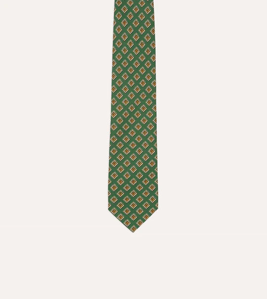 Drake's Tile Medallion Print Silk Self Tipped Tie / Green