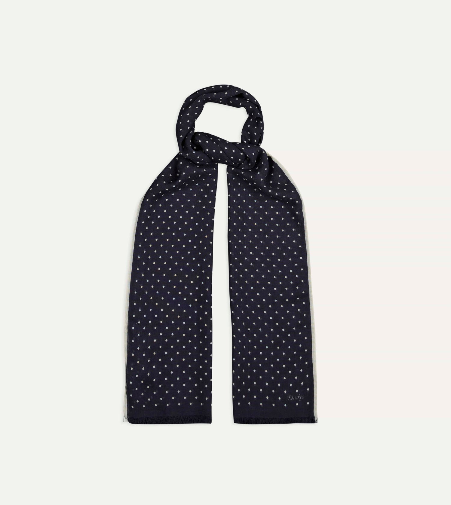 Drake's Polka Dot Shoestring Wool-Silk Scarf / Navy