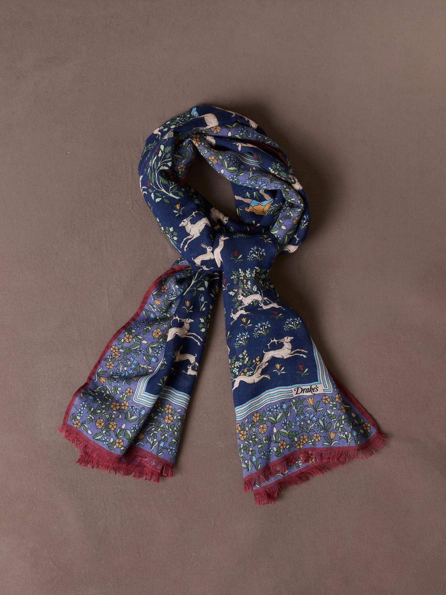Drake's Archival Animals Wool-Silk Scarf / Navy & Blue
