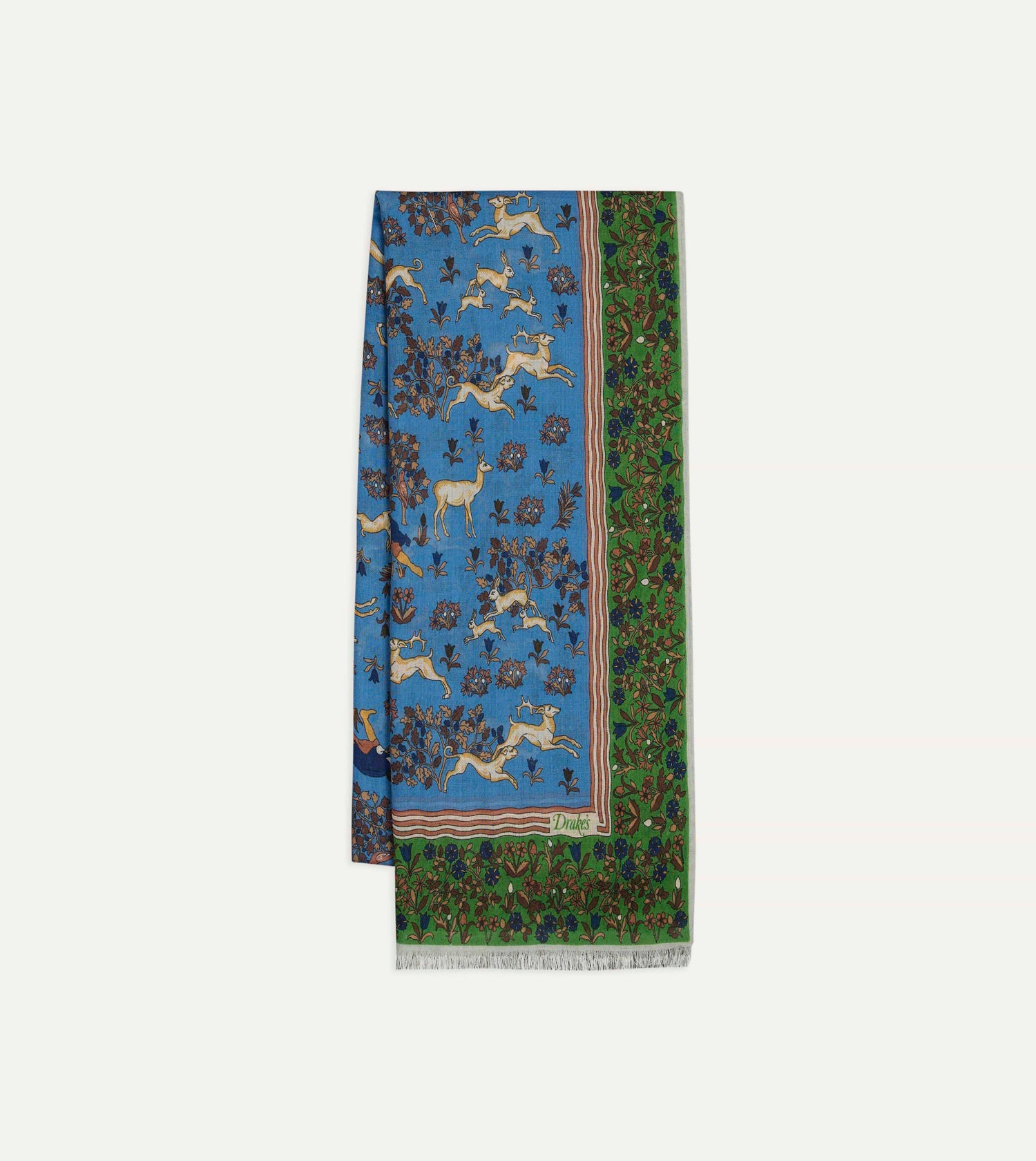 Drake's Archival Animals Wool-Silk Scarf / Blue & Olive