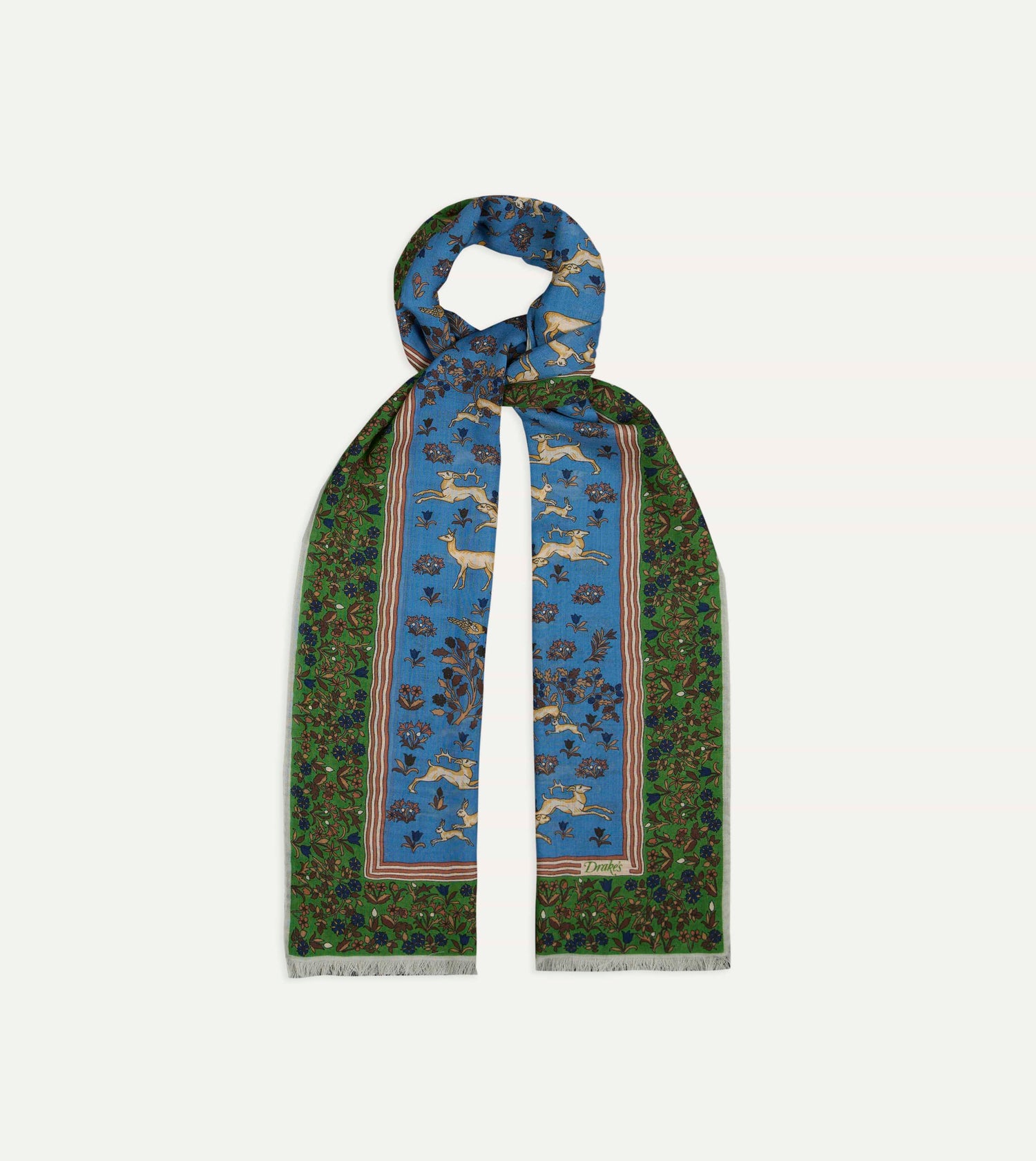 Drake's Archival Animals Wool-Silk Scarf / Blue & Olive