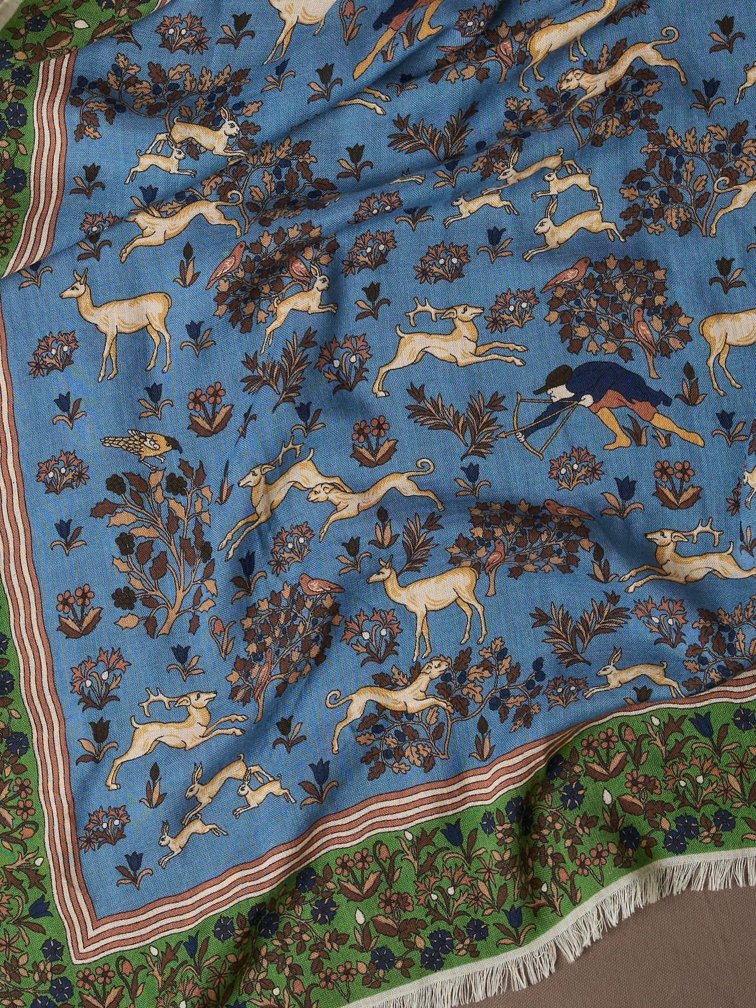 Drake's Archival Animals Wool-Silk Scarf / Blue & Olive