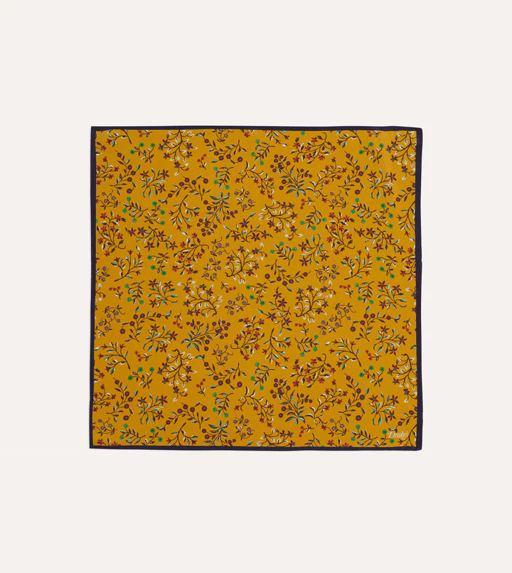 Drake's Floral Print Silk Pocket Square / Yellow
