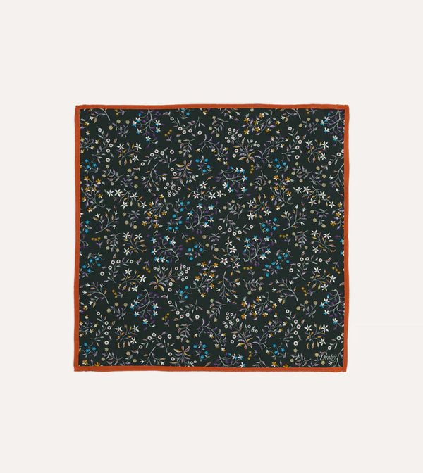 Drake's Floral Print Silk Pocket Square / Green